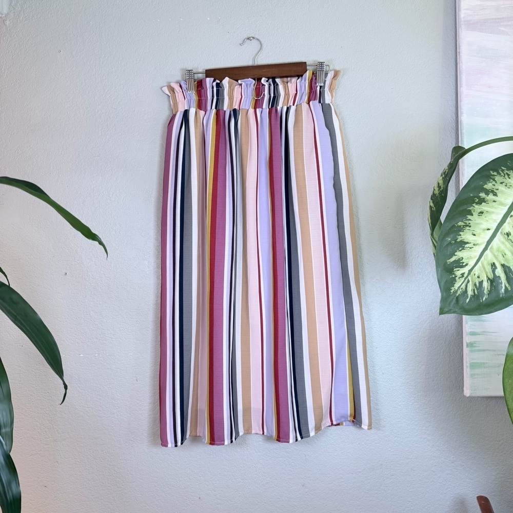 Downeast Striped Paperbag Stretch Waist Preppy Bohemian Romantic Midi Skirt L